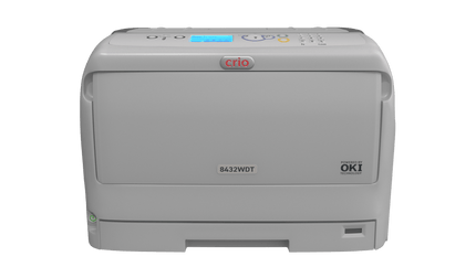 Union Prints 8432WDT white toner transfer printer shown in a technical side view with control panel and paper feed.