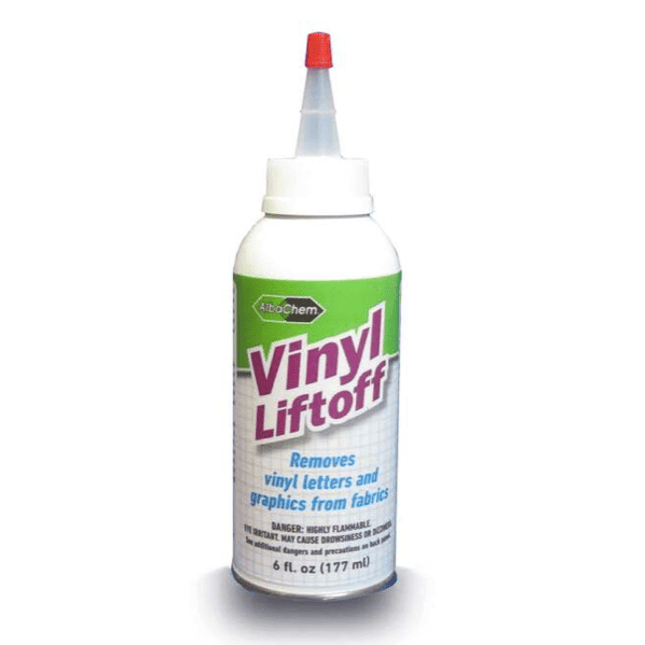 AlbaChem Vinyl Liftoff 6 oz. bottle with white cap and clear label, used for removing vinyl decals and adhesives.