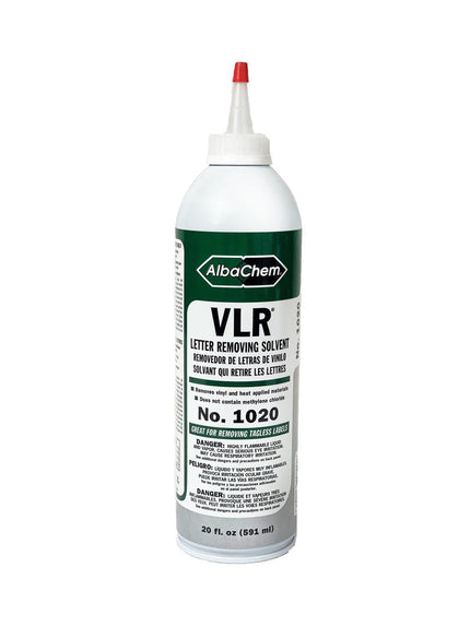 AlbaChem VLR Vinyl Letter Removing Solvent 20 oz bottle, used for removing vinyl lettering from surfaces.