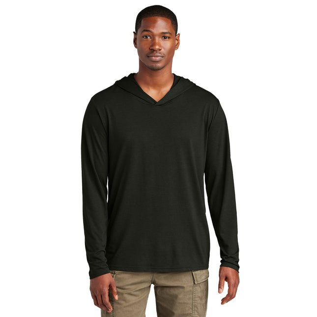 Black District Perfect Tri Long Sleeve Hoodie with a relaxed fit, featuring a front pocket and adjustable hood.