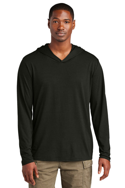 Black District Perfect Tri Long Sleeve Hoodie with a relaxed fit, featuring a front pocket and adjustable hood.