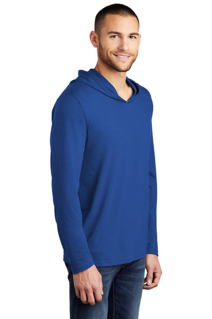 District Perfect Tri Long Sleeve Hoodie in Deep Royal, featuring a comfortable fit and stylish design, shown in a close-up image.