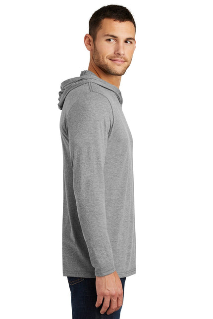 District Perfect Tri Long Sleeve Hoodie in Grey Frost, featuring a comfortable fit and casual style, shown on a model.