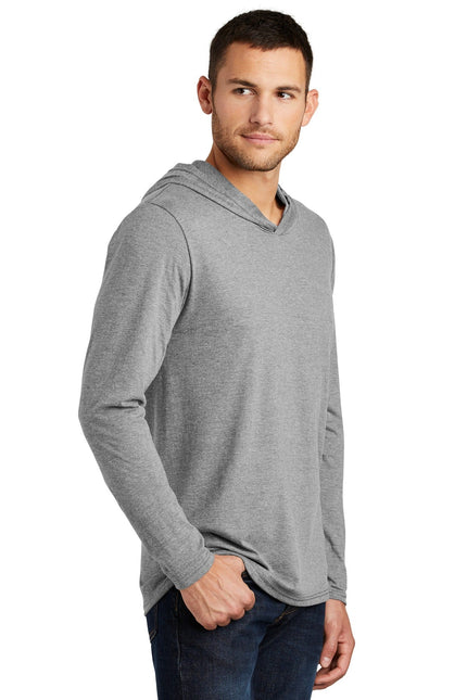 District Perfect Tri Long Sleeve Hoodie in Grey Frost, featuring a comfortable fit and casual style, shown in a close-up image.