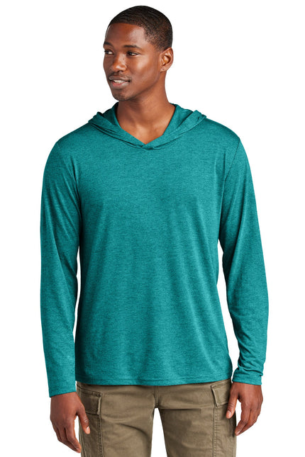 District Perfect Tri Long Sleeve Hoodie in Heathered Teal, showcasing a comfortable, stylish long-sleeve sweatshirt with a soft heathered fabric.
