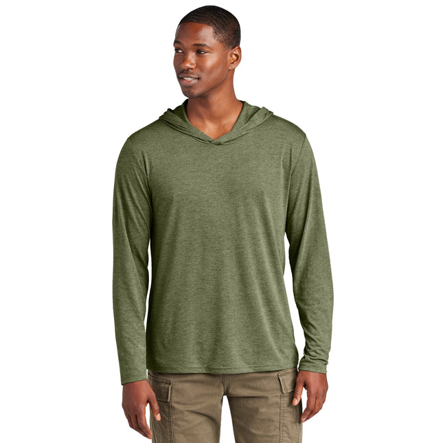 District Perfect Tri Long Sleeve Hoodie in Military Green Frost, with a comfortable fit and casual style, shown on a model.