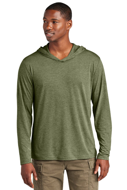 District Perfect Tri Long Sleeve Hoodie in Military Green Frost, with a comfortable fit and casual style, shown on a model.