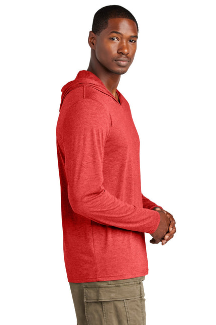 District Perfect Tri Long Sleeve Hoodie in Red Frost, showing the soft fabric and relaxed fit with a hood and long sleeves.