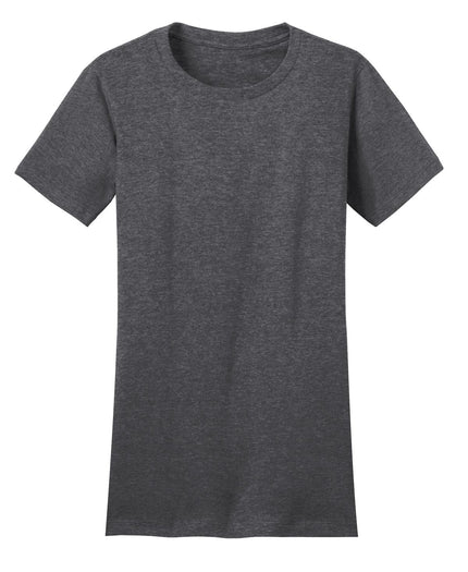 District Women's Fitted The Concert Tee in Heathered Charcoal, close-up of soft, fitted cotton T-shirt with round neckline.