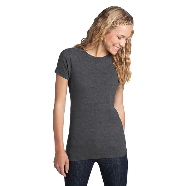 District Women's Fitted The Concert Tee in Heathered Charcoal, close-up showing soft fabric and fitted style.