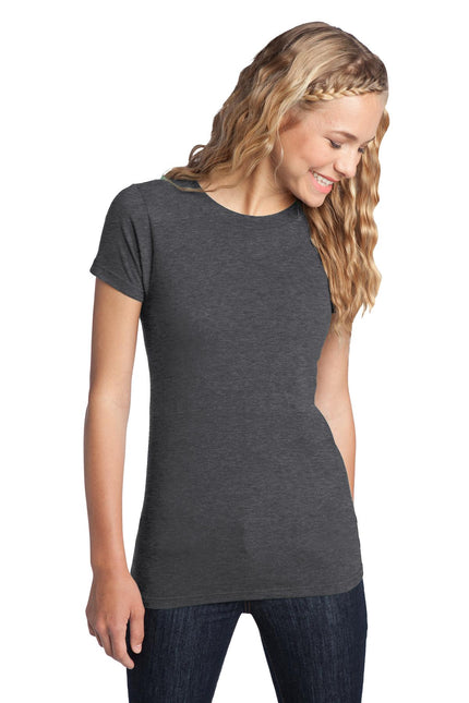 District Women's Fitted The Concert Tee in Heathered Charcoal, close-up showing soft fabric and fitted style.