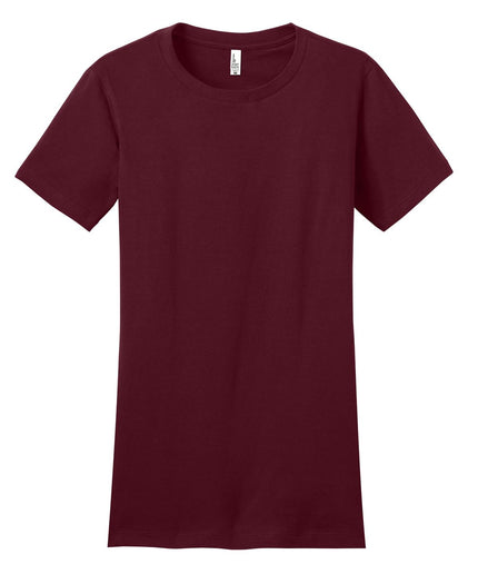 Maroon fitted women's concert tee by District, featuring a casual crew neck and short sleeves, styled for everyday wear.