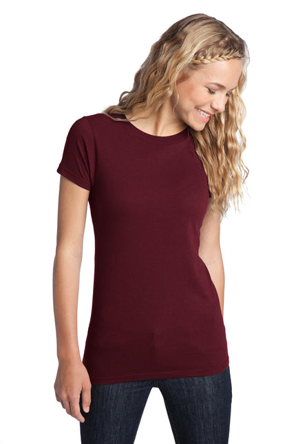 District Women's Fitted The Concert Tee in maroon, showcasing a close-up of the stylish, fitted cotton T-shirt with concert-inspired design.