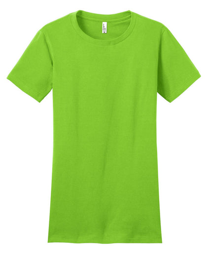 District Women's Fitted The Concert Tee in vibrant neon green, showcasing a casual, fitted t-shirt with short sleeves.