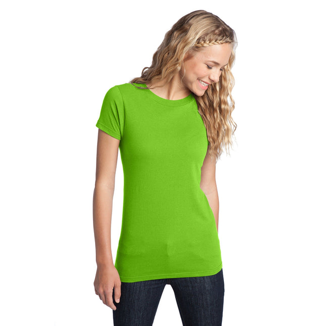 District Women's Fitted The Concert Tee in neon green, close-up of the soft cotton fabric and fitted style.
