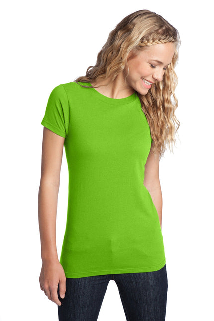 District Women's Fitted The Concert Tee in neon green, close-up of the soft cotton fabric and fitted style.