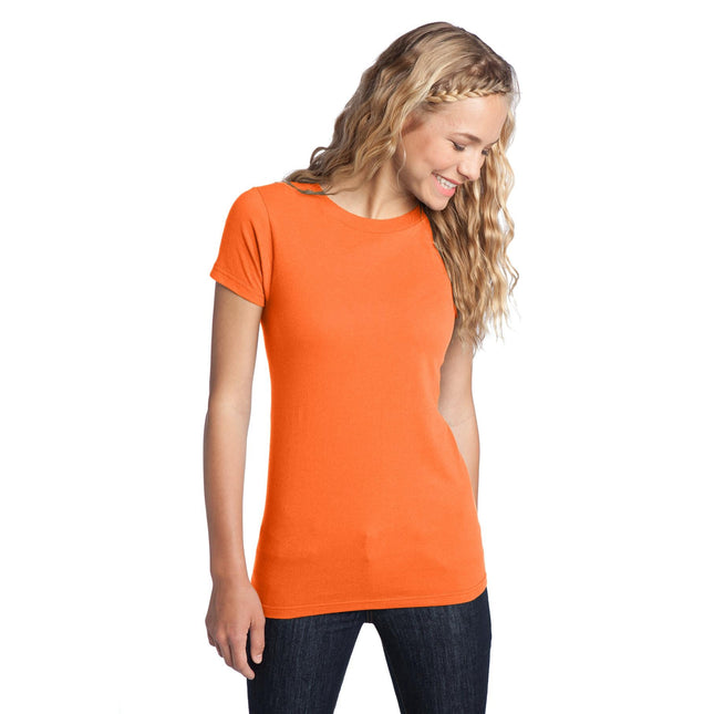 District Women's Fitted The Concert Tee in neon orange, showing a close-up of the vibrant, fitted cotton T-shirt with a crew neck.