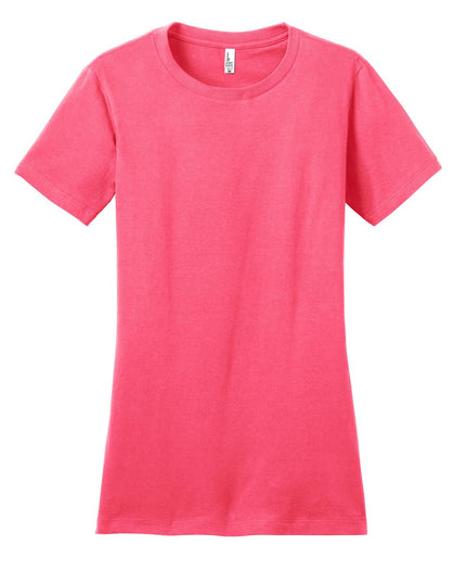 District Women's Fitted The Concert Tee in vibrant neon pink, showcasing a casual, fitted t-shirt design with a round neckline.