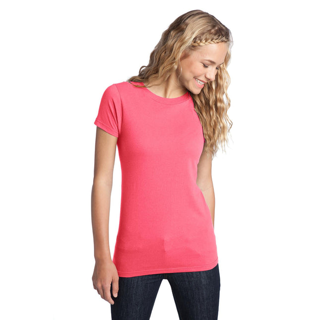 District Women's Fitted The Concert Tee DT5001 in vibrant neon pink, showcasing a stylish and fitted cotton T-shirt.