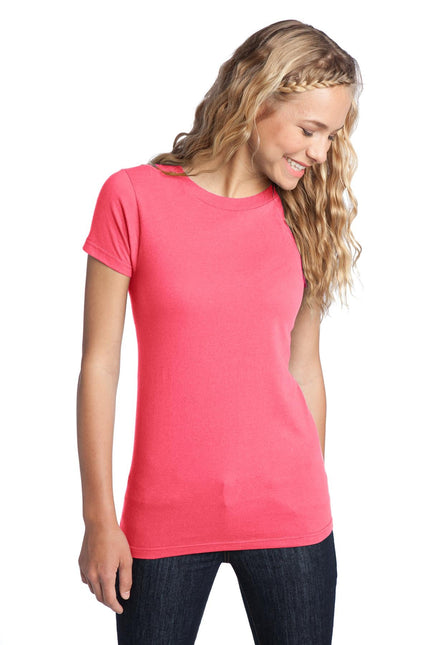 District Women's Fitted The Concert Tee DT5001 in vibrant neon pink, showcasing a stylish and fitted cotton T-shirt.