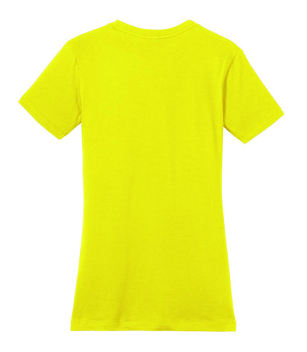 District Women's Fitted The Concert Tee in neon yellow, showing a close-up of the soft, fitted T-shirt with a round neckline.