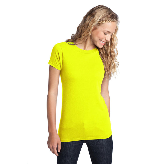 District Women's Fitted The Concert Tee in Neon Yellow, showcasing a comfortable, vibrant fitted T-shirt with short sleeves.