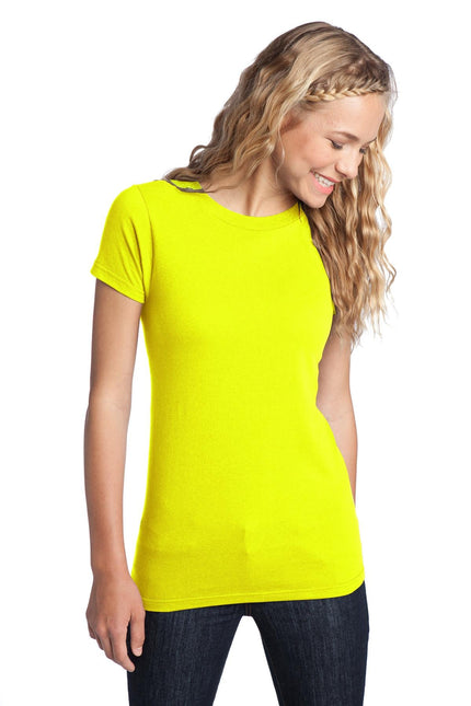 District Women's Fitted The Concert Tee in Neon Yellow, showcasing a comfortable, vibrant fitted T-shirt with short sleeves.