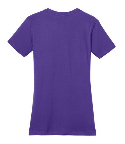 District Women's Fitted The Concert Tee DT5001 in purple, shown on a model, highlighting the fitted style and vibrant color.