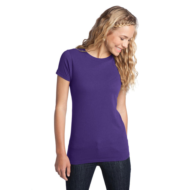 District Women's Fitted The Concert Tee in purple, showcasing a close-up of the fitted T-shirt with a round neckline and soft fabric.