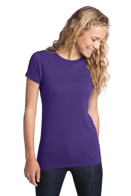 District Women's Fitted The Concert Tee in purple, showcasing a close-up of the fitted T-shirt with a round neckline and soft fabric.