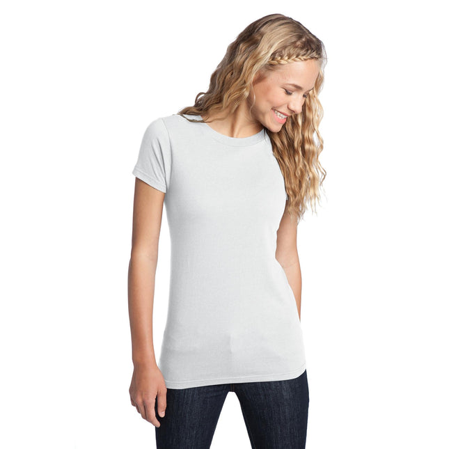 District Women's Fitted The Concert Tee DT5001 in white, close-up of soft cotton fabric and fitted design.