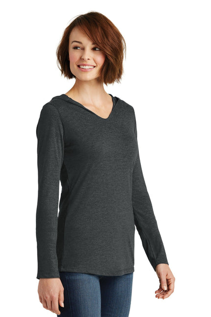 District Women's Perfect Tri Long Sleeve Hoodie in Black Frost, soft fabric, fitted style, shown on a model.
