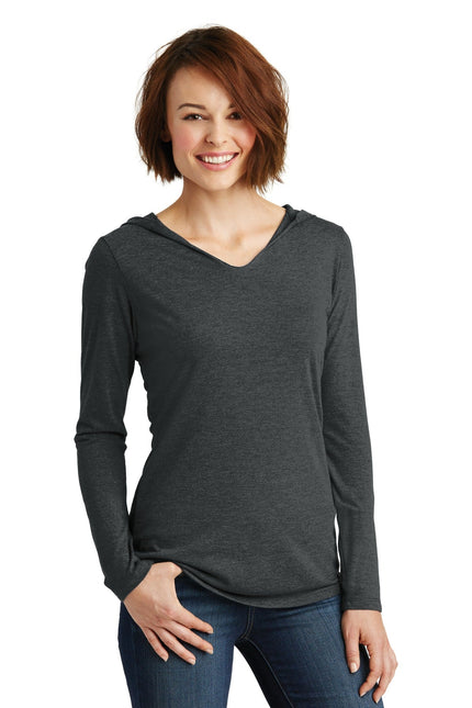 District Women's Perfect Tri Long Sleeve Hoodie in Black Frost, soft fabric with a relaxed fit and hood, perfect for casual wear.