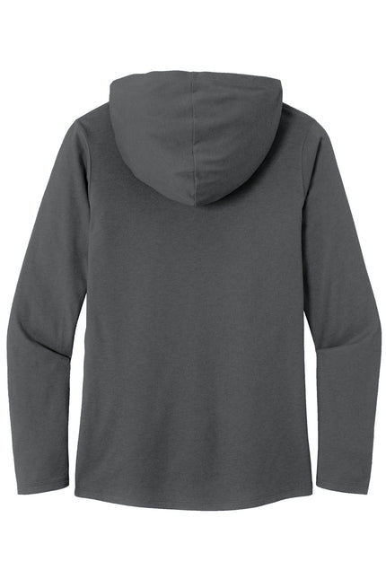 District Women's Perfect Tri Long Sleeve Hoodie in charcoal, showing a cozy, fitted long sleeve hoodie with subtle branding.