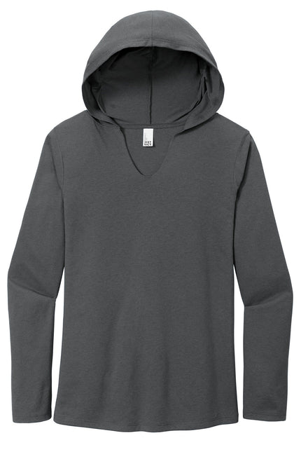 District Women's Perfect Tri Long Sleeve Hoodie in charcoal, casual fit with a hood and long sleeves, made of soft fabric.