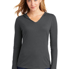 District Women's Perfect Tri Long Sleeve Hoodie in charcoal, soft fabric with a relaxed fit and hood, displayed on a model.