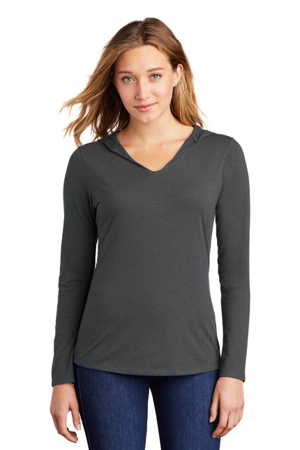 District Women's Perfect Tri Long Sleeve Hoodie in charcoal, soft fabric with a relaxed fit and hood, displayed on a model.