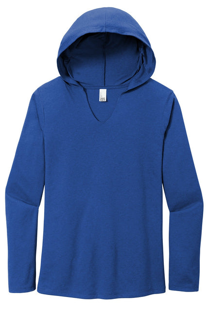 District Women's Perfect Tri Long Sleeve Hoodie in Deep Royal, soft fabric, and comfortable fit, shown on a model.