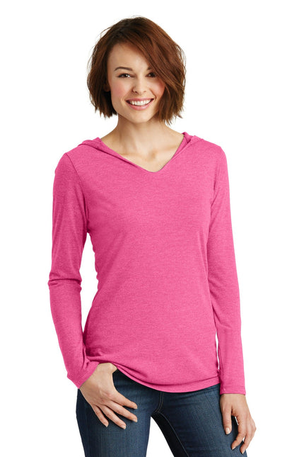 District Women's Perfect Tri Long Sleeve Hoodie in Fuchsia Frost, soft fabric, fitted style, with hood and long sleeves.