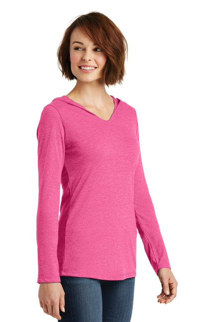 District Women's Perfect Tri Long Sleeve Hoodie in Fuchsia Frost, showcasing the vibrant pink color and comfortable fit.