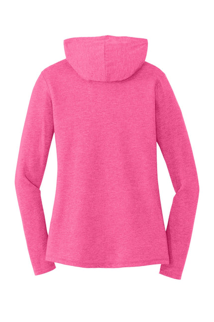 District Women's Perfect Tri Long Sleeve Hoodie in Fuchsia Frost, soft fabric with a relaxed fit and stylish hood design.