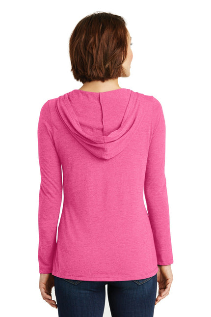 District Women's Perfect Tri Long Sleeve Hoodie in Fuchsia Frost, soft fabric, with a hood and long sleeves.