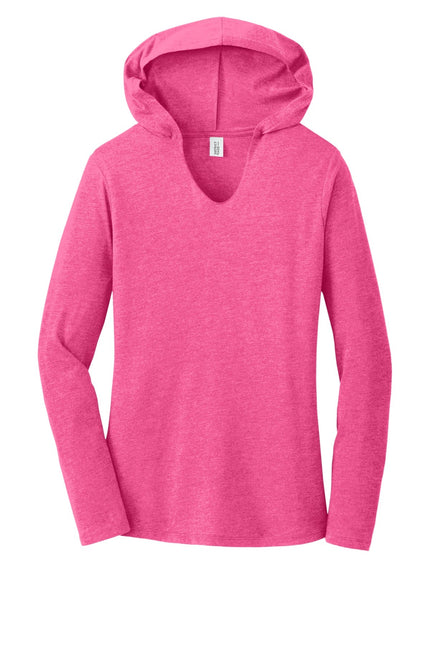 District Women's Perfect Tri Long Sleeve Hoodie in Fuchsia Frost, soft fabric, fits comfortably, with a hood and long sleeves.