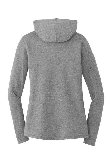 District Women's Perfect Tri Long Sleeve Hoodie in Grey Frost, soft fabric, casual fit, shown from front with hood and long sleeves.