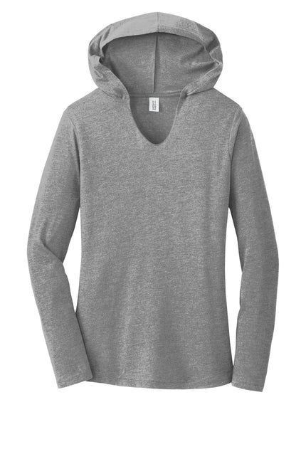 District Women's Perfect Tri Long Sleeve Hoodie in Grey Frost, soft fabric and relaxed fit, showcased on a model.