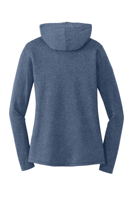 District Women's Perfect Tri Long Sleeve Hoodie in Navy Frost, with a relaxed fit and soft fabric, worn casually.