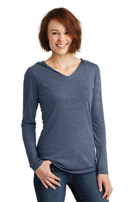 District Women's Perfect Tri Long Sleeve Hoodie in Navy Frost, soft fabric, with a relaxed fit and hood, shown on a model.