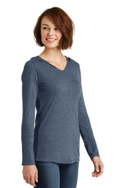 District Women's Perfect Tri Long Sleeve Hoodie in Navy Frost, soft fabric, casual fit, shown on a model.