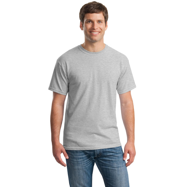Gildan Heavy Cotton 100% Cotton T-Shirt in ash color, front view showing classic crew neck and short sleeves.