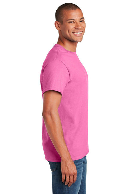 Gildan Heavy Cotton 100% Cotton T-Shirt in Azalea color, showcasing a soft, vibrant pink shirt with a classic fit.